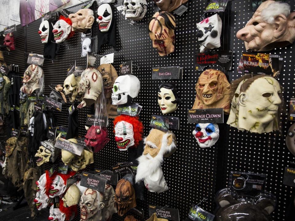 Masks on display at Spirit Halloween.