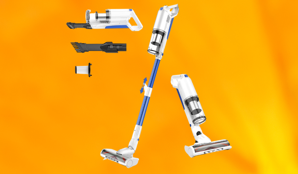 blue and white cordless vacuum and attachments