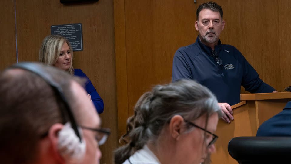 Buck Myre, father of Tate Myre who was killed in the 2021 Oxford School shooting, reads a victim statement Tuesday in Michigan district court. - Mandi Wright/USA Today Network