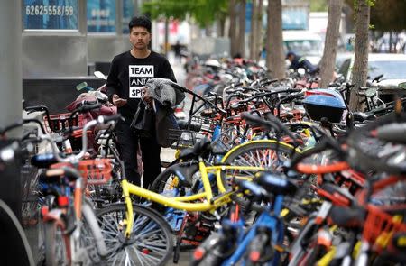 FILE PHOTO: A man looks for a shared bike to ride outside an office building, in Beijing, China April 12, 2017. REUTERS/Jason Lee