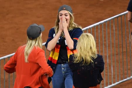 Oct 21, 2017; Houston, TX, USA; Kate Upton reacts after game seven of the 2017 ALCS playoff baseball series between the Houston Astros and the New York Yankees at Minute Maid Park. Shanna Lockwood-USA TODAY Sports