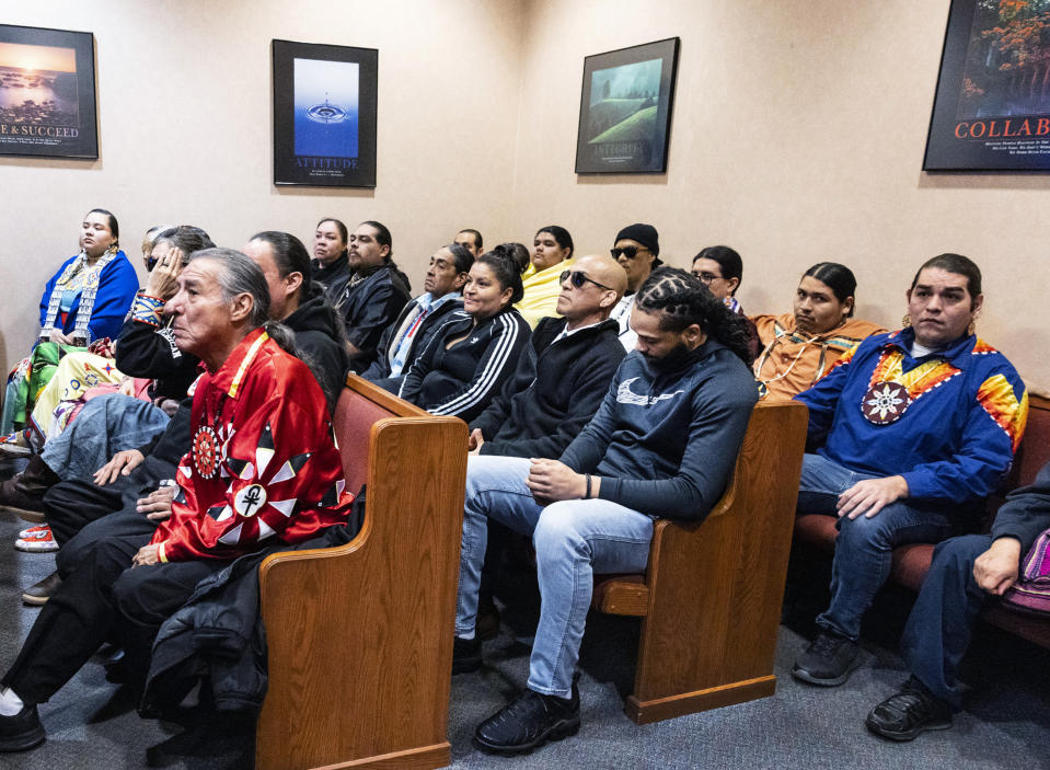 Family and supporters of former actor Nathan Lee Chasing His Horse, also known as Nathan Chasing Horse, attend a bail hearing at North Las Vegas Justice Court, on Wednesday, Feb. 8, 2023. A judge on Wednesday set bail at $300,000 for the former “Dances With Wolves” actor charged in Nevada with sexually abusing and trafficking Indigenous women and girls. North Las Vegas Justice of the Peace Craig Newman said Nathan Chasing Horse must stay with a relative if he is released from jail. (Bizuayehu Tesfaye/Las Vegas Review-Journal via AP)