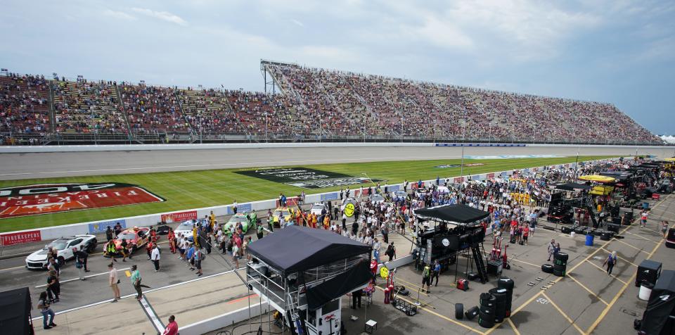 Fans fill the grandstands at Michigan International Speedway prior to Sunday's Firekeepers Casino 400