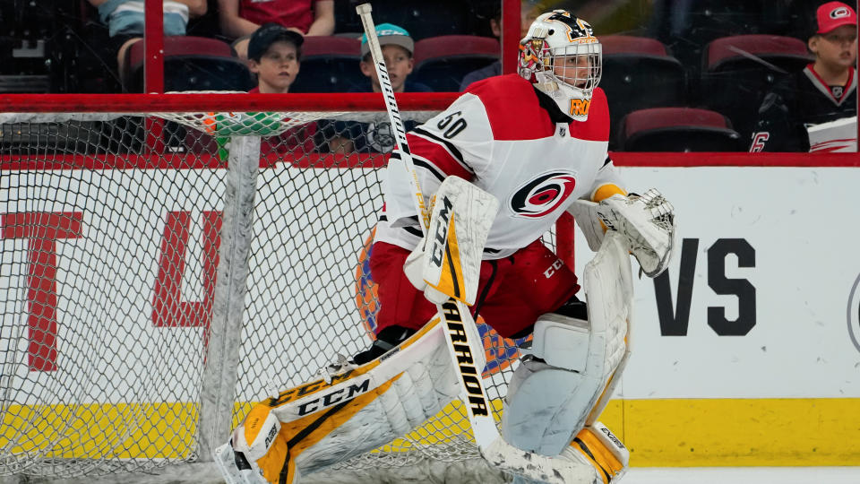 Carolina Hurricanes prospect Jeremy Helvig was arrested on suspicion of battery. (Greg Thompson/Icon Sportswire via Getty Images)