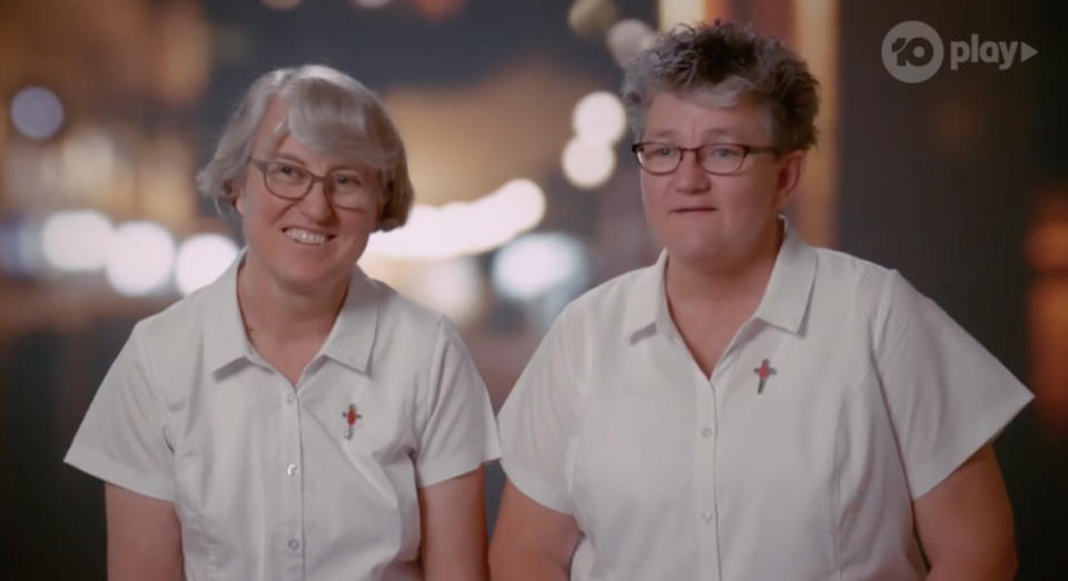 Nuns Judy (left) and Therese (right) were almost foiled by Sid and Ash's dirty move. Photo: Ten