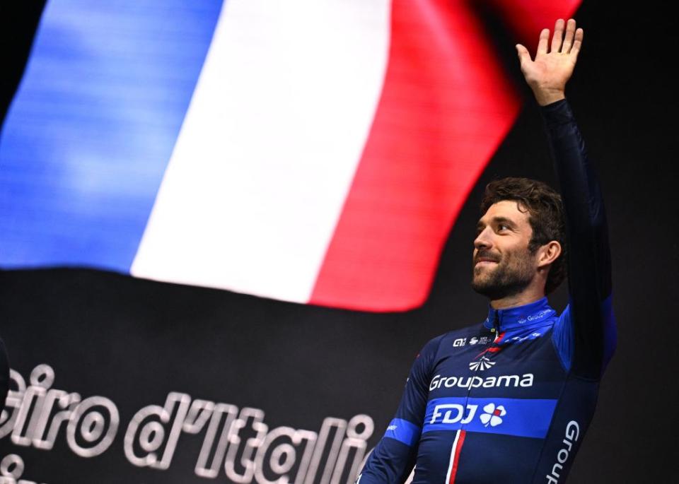 Thibaut Pinot waves to the crowd at the Giro d'italia team presentation