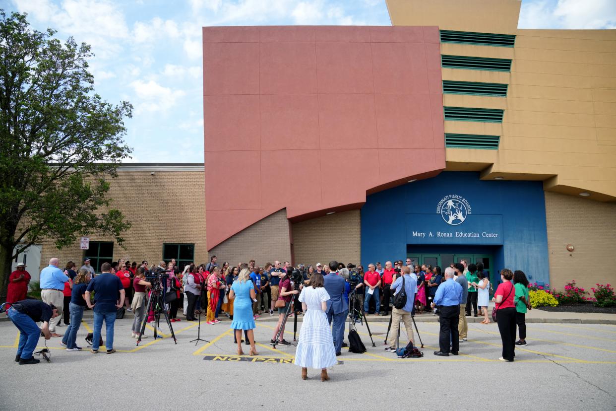 All six unions representing labor who works at Cincinnati Public Schools hold a press conference announcing their unanimous vote of no confidence of Superintendent Iranetta Wright by all members, according to union leaders, Monday, May 13, 2024, at the Central Office and the Mayerson Academy building in the Corryville neighborhood of Cincinnati.