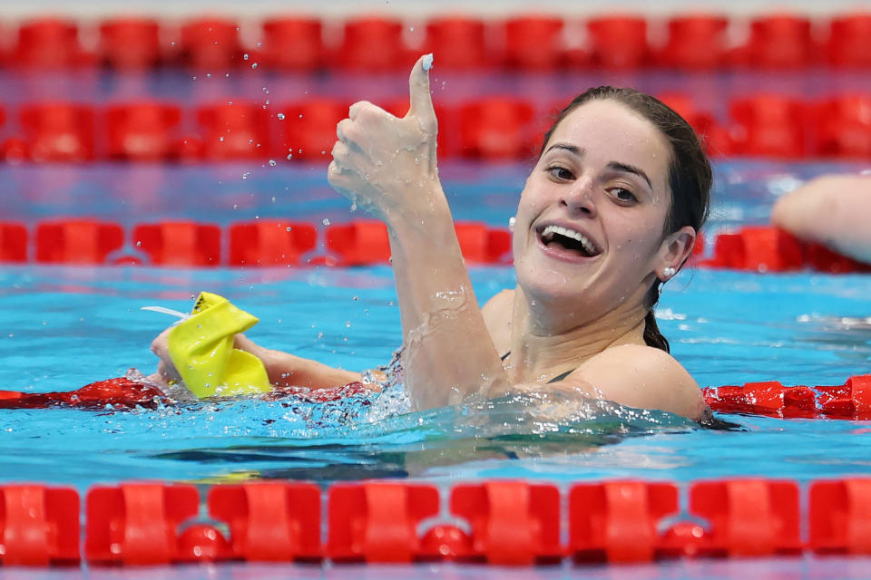 Kaylee McKeown is seen here celebrating her gold in the women's 100m backstroke. 