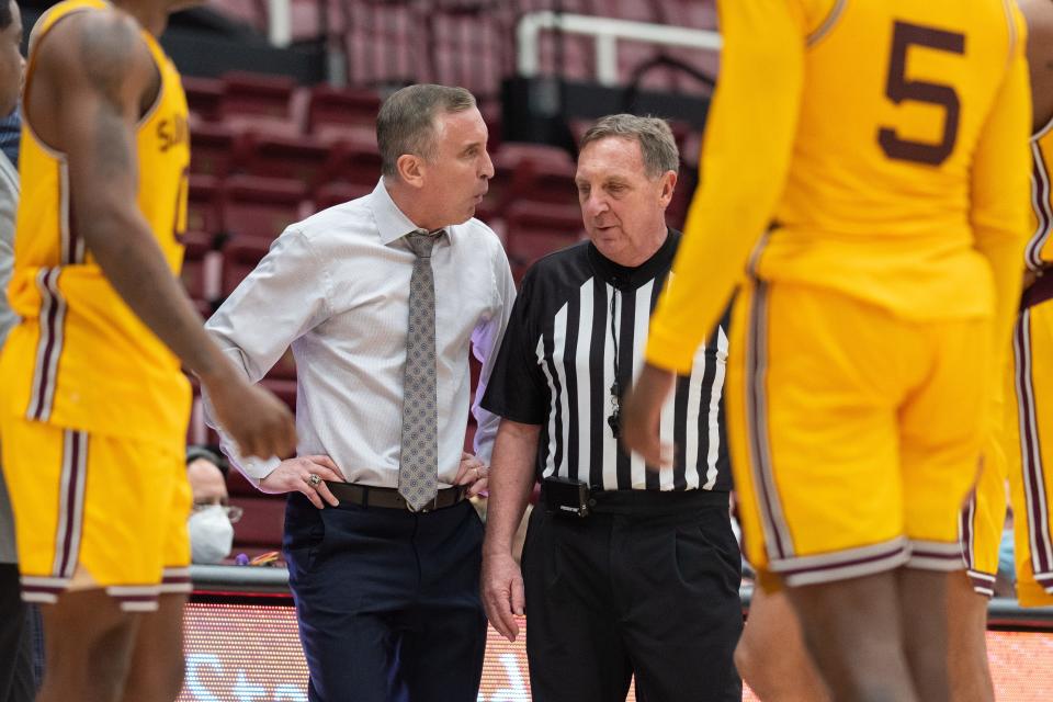 Stanford, California, USA;  Arizona State Sun Devils head coach Bobby Hurley reacts towards the referee during the second half against the Stanford Cardinal at Maples Pavilion.
