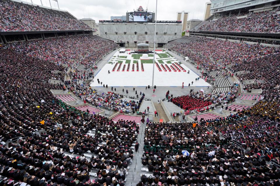 Ohio Stadium fills with graduates and spectators on May 7 for Ohio State University's 2023 spring commencement.