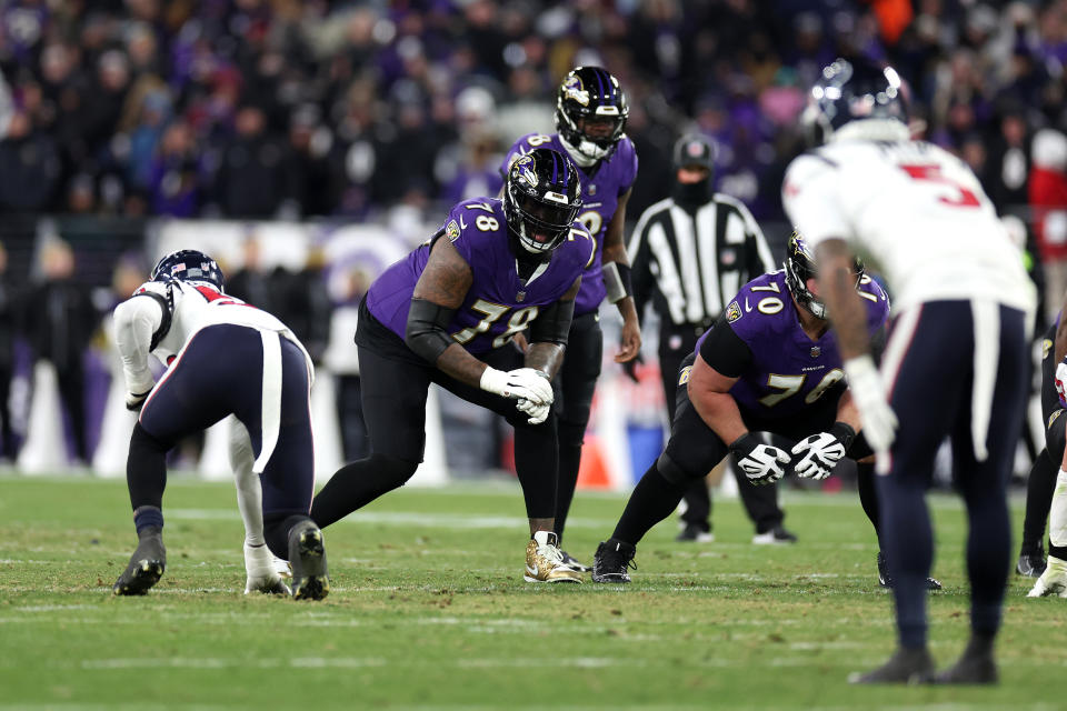 BALTIMORE, MARYLAND – JANUARY 20: Offensive tackle Morgan Moses #78 of the Baltimore Ravens lines up against the Houston Texans defense during the AFC Divisional Playoff game at M&T Bank Stadium on January 20, 2024 in Baltimore, Maryland. (Photo by Rob Carr/Getty Images)