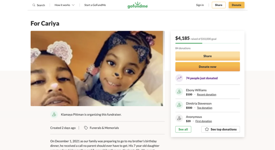 A GoFundMe account has been created to help raise money for the funeral of Cariya Reed, who was killed in Kansas City, Kansas on Dec. 1.