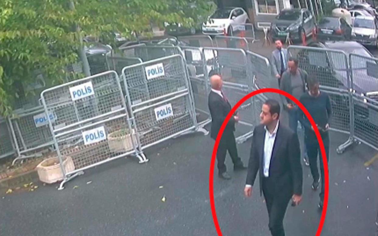 Maher Abdulaziz Mutreb, named by Turkish officials as one of 15 Saudi suspects in the suspected killing of Jamal Khashoggi, is seen (circled). In a still image from outside the consulate - Sabah