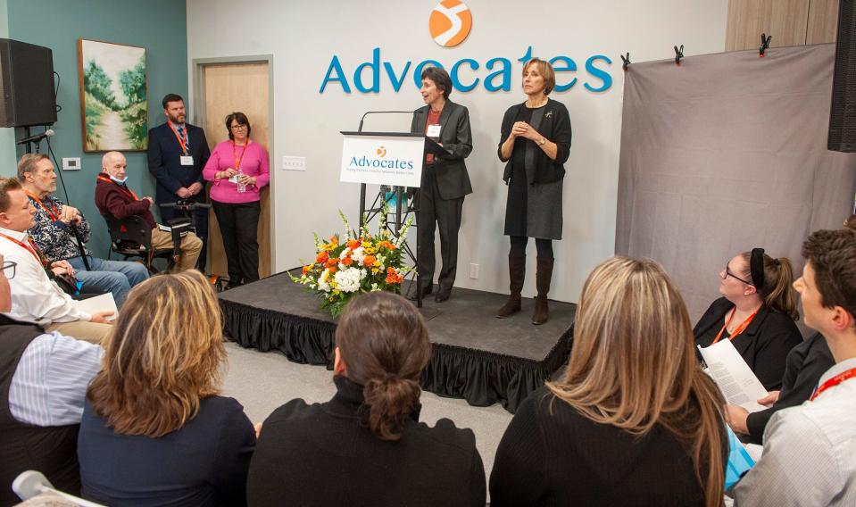 Diane Gould, president and CEO of Advocates Inc., speaks during a open house for the nonprofit's new community behavioral health center at 1094 Worcester Road (Route 9) in Framingham, Feb. 15, 2023.