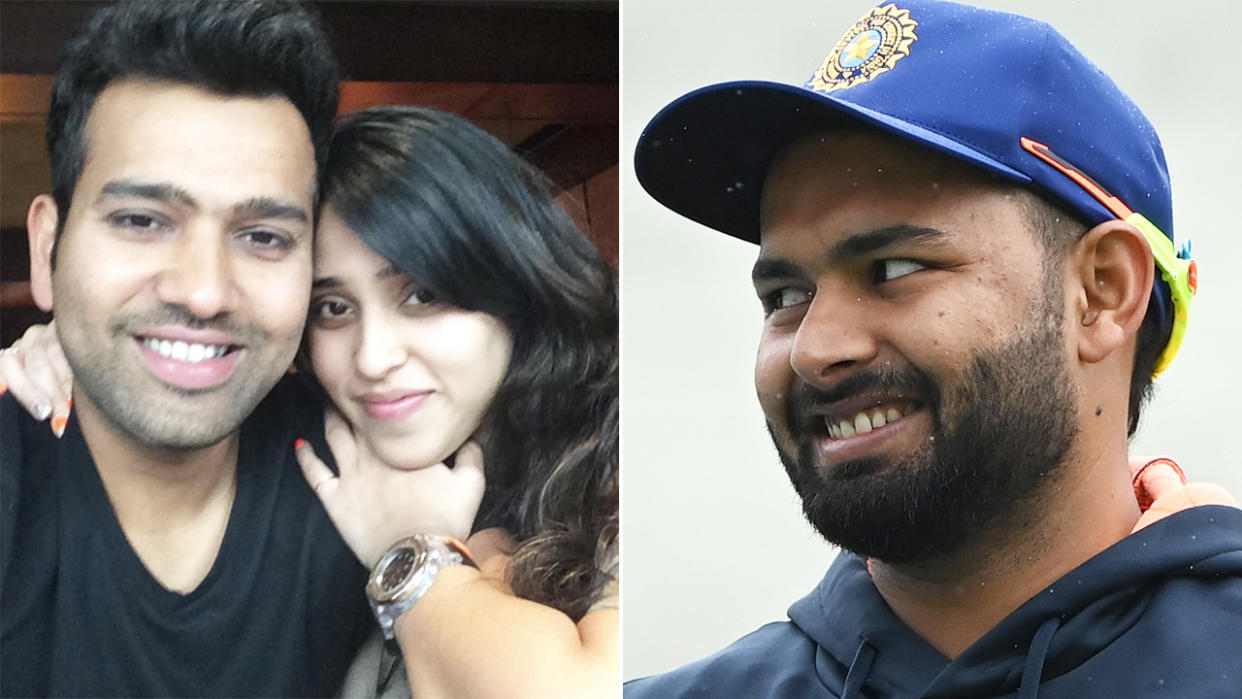 Ritika Sajdeh and Rohit Sharma are pictured left, with Rishabh Pant pictured right.