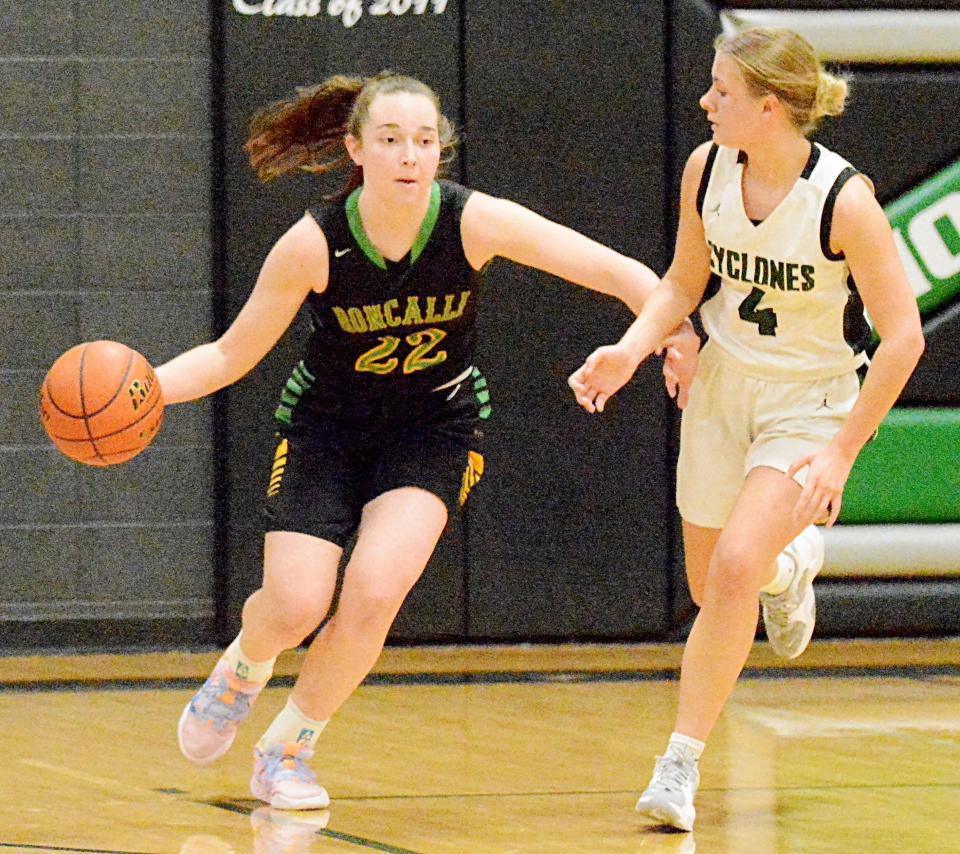 Aberdeen Roncalli's Ava Hanson (22) brings the ball up the court against Clark-Willow Lake's Kayla Jordan during their Northeast Conference high school basketball doubleheader on Thursday, Jan. 19, 2023 in Clark.