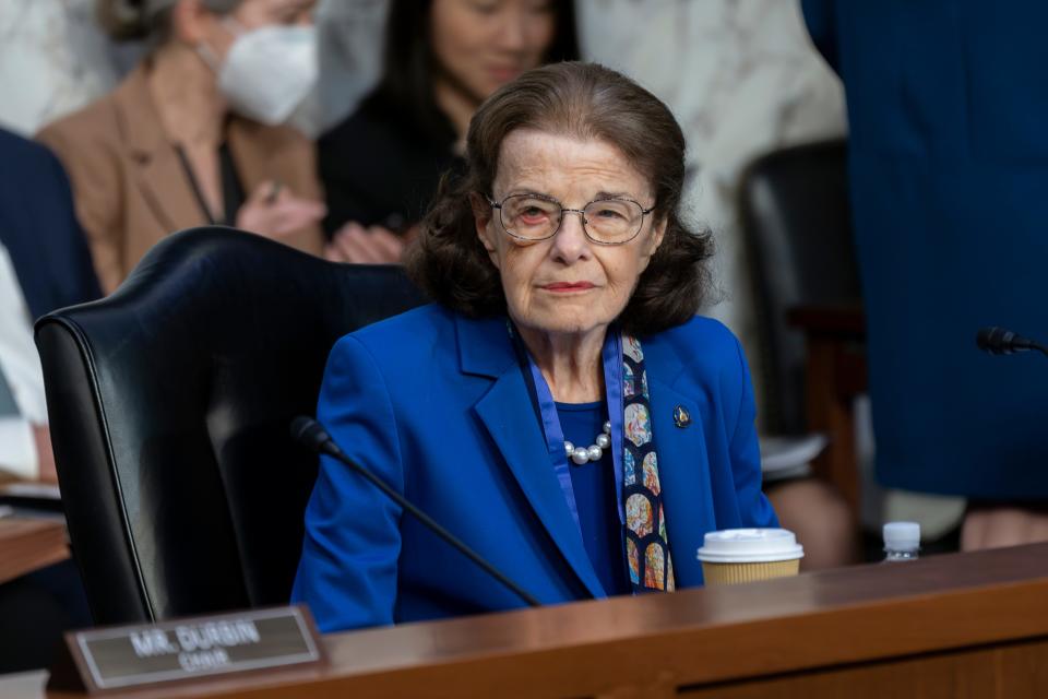 Sen. Dianne Feinstein, D-Calif., returns to the Senate Judiciary Committee following a more than two-month absence at the Capitol in Washington, Thursday, May 11, 2023.