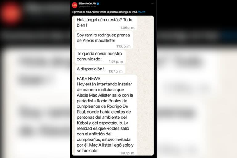 En la cuenta de X de El ejército de LAM compartieron el mensaje que el equipo de prensa de Alexis Mac Allister le envió a Ángel de Brito (Foto: X @elejercitodelam)