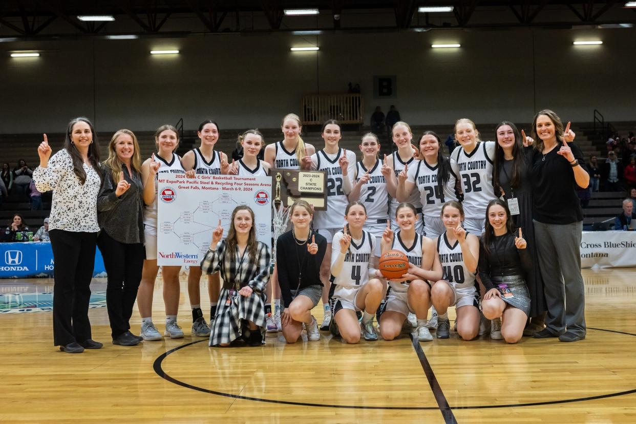 The North Country girls' basketball team (Saco-Whitewater-Hinsdale) repeated as Class C basketball champions with a win over Roy-Winifred Saturday night in the title round Saturday night at Four Seasons Arena.