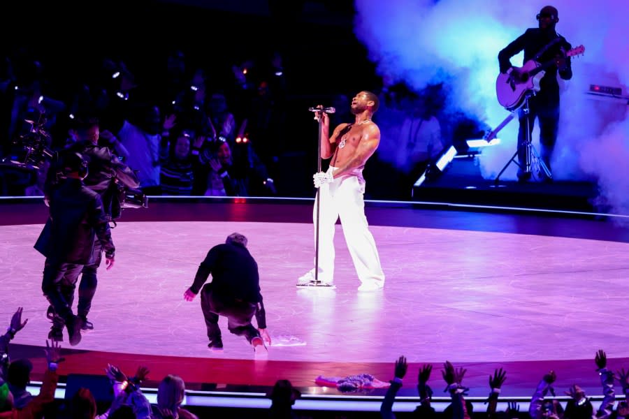 Usher performs at the Apple Music Super Bowl LVIII Halftime Show held at Allegiant Stadium on February 11, 2024 in Paradise, Nevada. (Photo by Christopher Polk/Billboard via Getty Images)