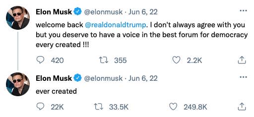 • Immediately reinstates Trump's account. At first, Trump says he doesn’t want to be on Twitter, but ultimately can’t resist the attention he will get from tweeting, “I’M BACK…” • Musk renames spambots “NPCs,” takes no further action, announces there are no longer spambots on Twitter• Makes a joke that he will provide weed for every Twitter user on 4/20 — the CEO of a sketchy cannabis company shames him into “really doing it,” but the initiative gets shut down by the Feds before anyone receives their supply• Personally hires a 30-person team to source and make “dank memes” for his personal Twitter account, then fires them a week later when they don't get as much engagement as his insult tweets• Announces that by 2024, all content moderation will be done by an AI trained to be ideologically neutral, with no human intervention• Then announces that an AI will succeed him as CEO of Twitter by 2027 or whenever the AI surpasses his own intelligence. Vows that Twitter's AI CEO will be smarter than Google's AI CEO. • Moves all Tesla customer service to Twitter and fires teams responsible for any problems exposed publicly from the public support threads• Kanye West is appointed chief creative advisor to make the whole platform 