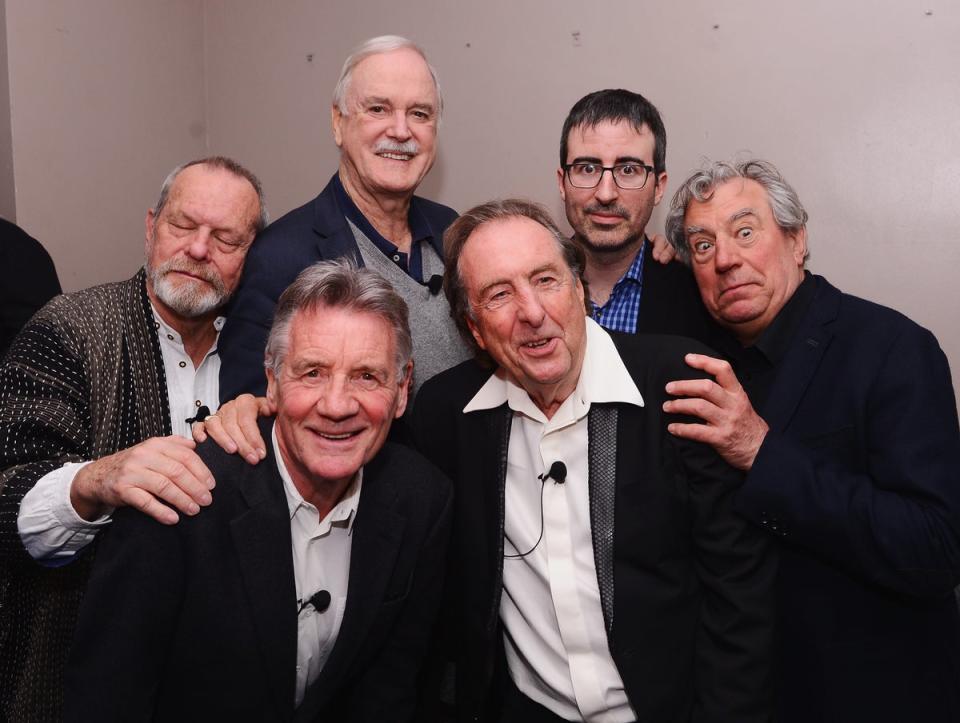 (L-R)  Monty Python stars, Terry Gilliam, Michael Palin, Cleese, Eric Idle, John Oliver, and Terry Jones backstage at the Monty Python and the Holy Grail screening at 2015’s Tribeca Film Festival (Getty)