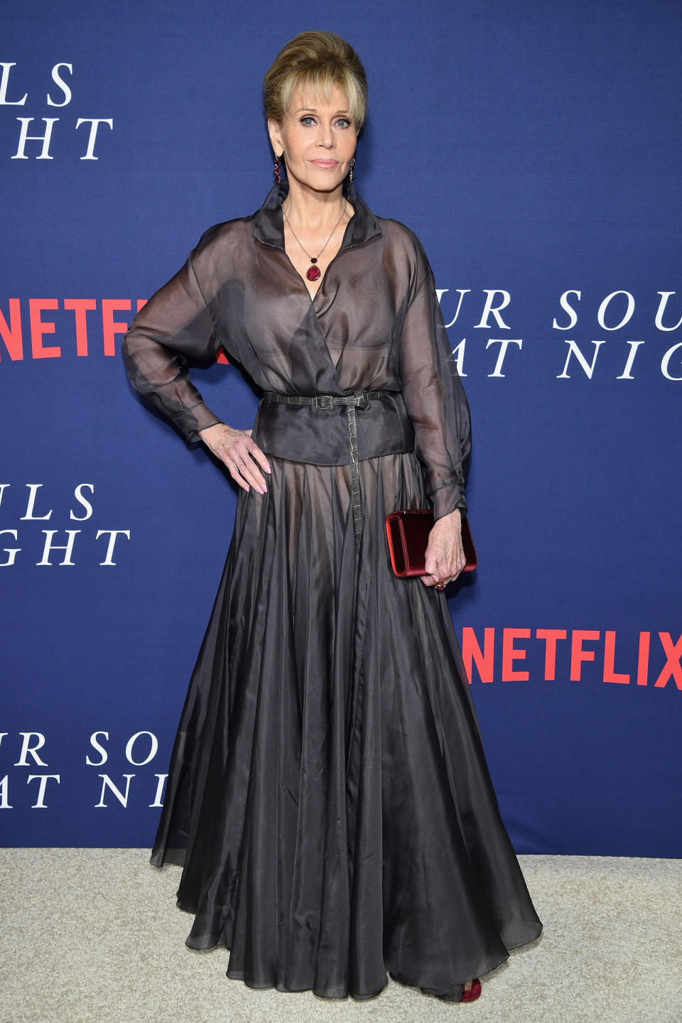<p><strong>27 September</strong> Jane Fonda looked elegant in a sheer grey shirt with a matching floor-length skirt. She was at the premiere of her new movie, <em>Our Souls At Night.</em></p>