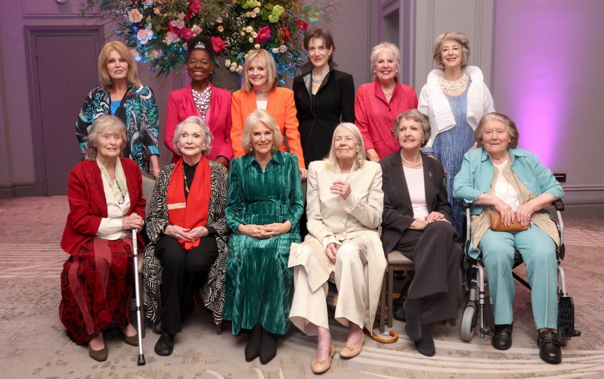 Queen Camilla pictured with stars including Joanna Lumley, Floella Benjamin and Twiggy Lawson