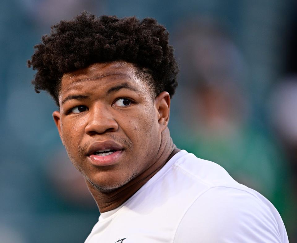 Philadelphia Eagles' Nolan Smith during an NFL football game against the Minnesota Vikings, Thursday, Sept. 14, 2023, in Philadelphia. (AP Photo/Derik Hamilton)