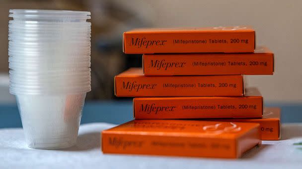 PHOTO: Boxes of mifepristone, the first pill given in a medical abortion, are prepared for patients at Women's Reproductive Clinic of New Mexico in Santa Teresa, New Mexico, January 13, 2023. (Evelyn Hockstein/Reuters, FILE)