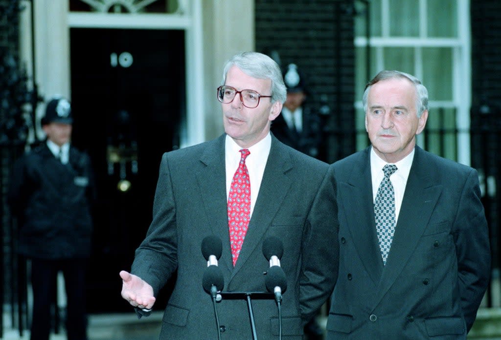 John Major outside No 10 Downing Street with Irish Prime Minister Albert Reynolds (Rebecca Naden/PA) (PA Archive)