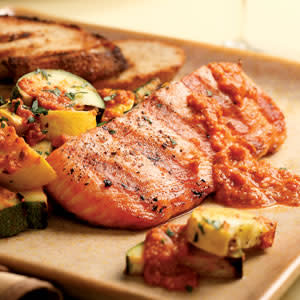 Wednesday: Grilled Salmon & Zucchini with Red Pepper Sauce (recipe below)