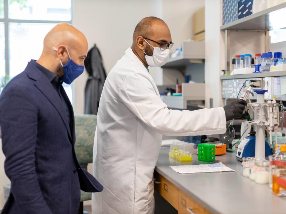 Marco Pravetoni, left, associate professor of pharmacology and medicine at the University of Minnesota and director of the Center for Medication Development for Substance Use Disorders at the University of Washington, is a collaborator on a project developing vaccines to treat drug addiction and prevent overdose.  (University of Minnesota - image credit)