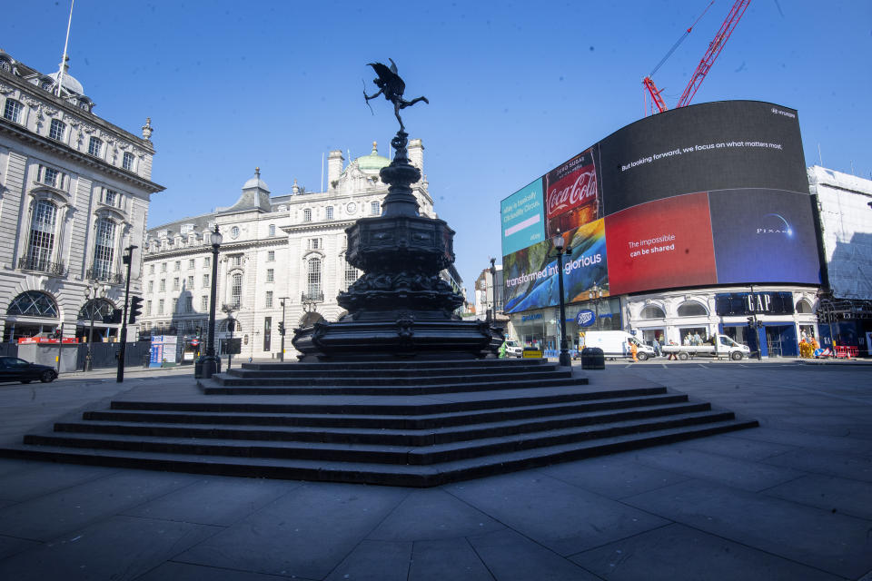 A deserted Piccadilly Circus during morning rush hour after Prime Minister Boris Johnson put the UK in lockdown to help curb the spread of the coronavirus.