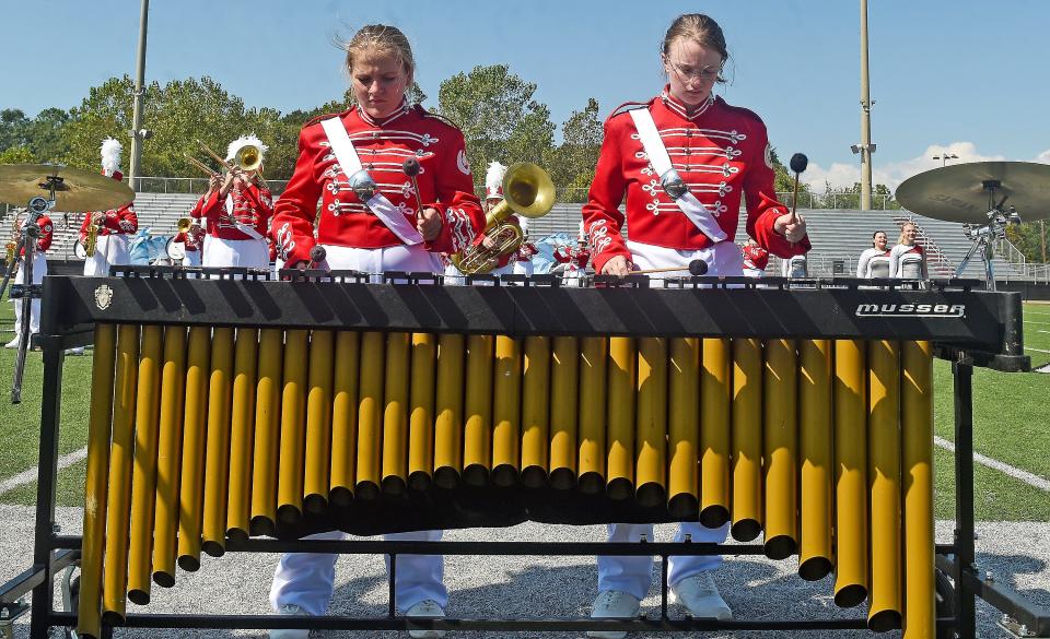 Ohatchee High School band members perform on the xylophone during the 59th annual Midsouth Marching Festival on Sept. 30, 2023, at Gadsden City High School's Titan Stadium. Ohatchee received all 1's in the scoring in Class 1A.