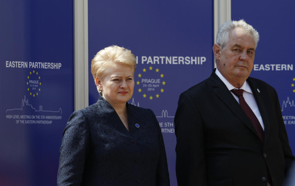 President of Lithuania Dalia Grybauskaite, left, is welcomed by Czech Republic's President Milos Zeman, right, upon her arrival for a meeting on the 5th anniversary of the Eastern Partnership at the Prague Castle in Prague, Czech Republic, Thursday, April 24, 2014. (AP Photo/Petr David Josek)