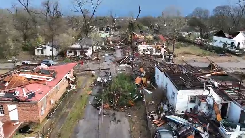 Massive damage from the Tornado in Selma Alabama on Jan. 12, 2023. Cars and homes destroyed, buildings on fire.