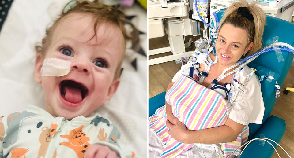 Left, Lucas in hospital smiling. Right, Casey holds both premature newborn sons in her arms in hospital. 