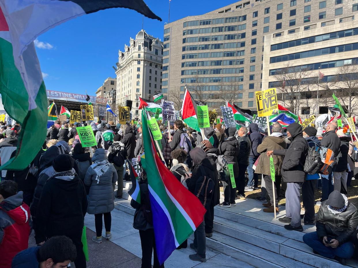 South African flags were seen among Palestinian flags waving at Freedom Plaza in Washington, D.C., ahead of the "March for Gaza" on Saturday, Jan. 13, 2024. South Africa accused Israel of engaging in genocide against Palestinians in the International Court of Justice.