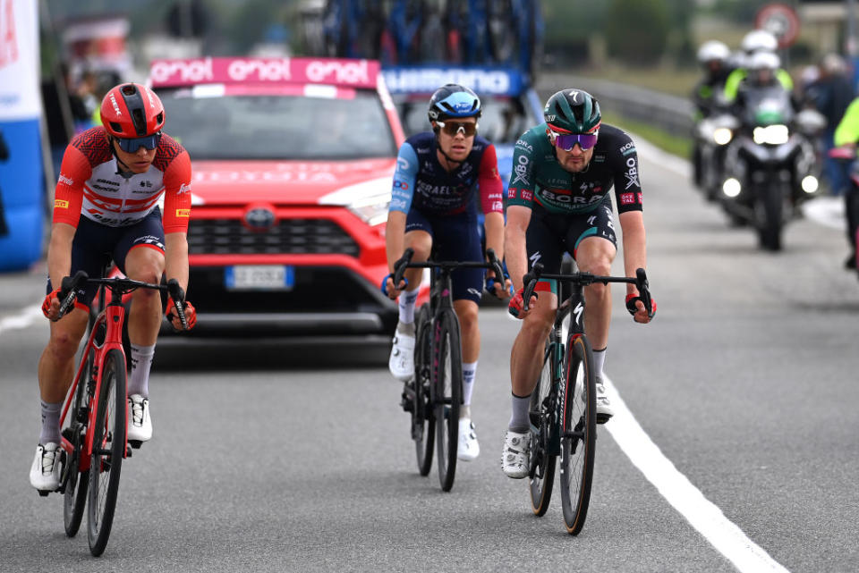 RIVOLI ITALY  MAY 18 LR Toms Skuji of Latvia and Team Trek  Segafredo and Nico Denz of Germany and Team BORA  hansgrohe compete in the breakaway during the 106th Giro dItalia 2023 Stage 12 a 185km stage from Bra to Rivoli  UCIWT  on May 18 2023 in Rivoli Italy Photo by Tim de WaeleGetty Images
