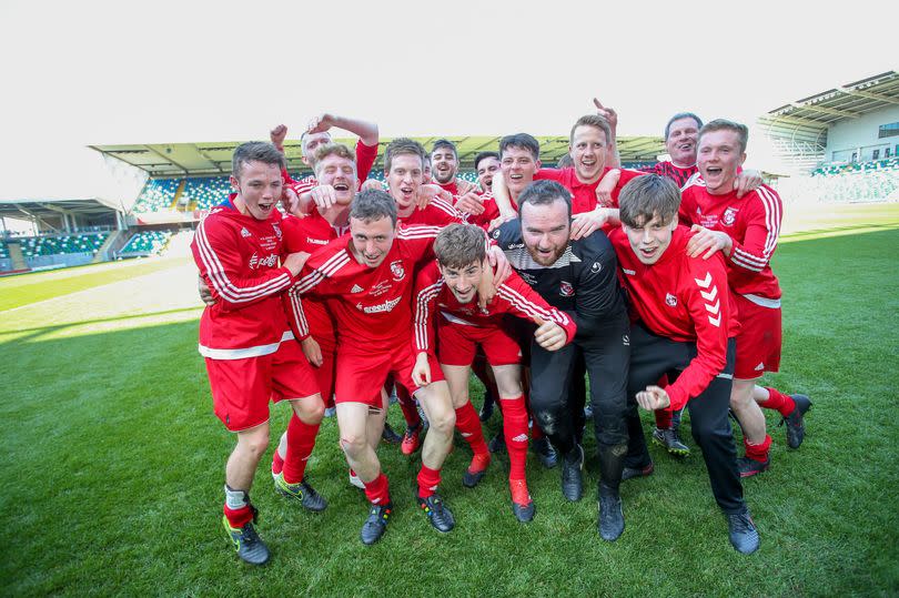 Enniskillen Rangers celebrate after their 2017 Irish Junior Cup final win over Hill Street at Windsor Park