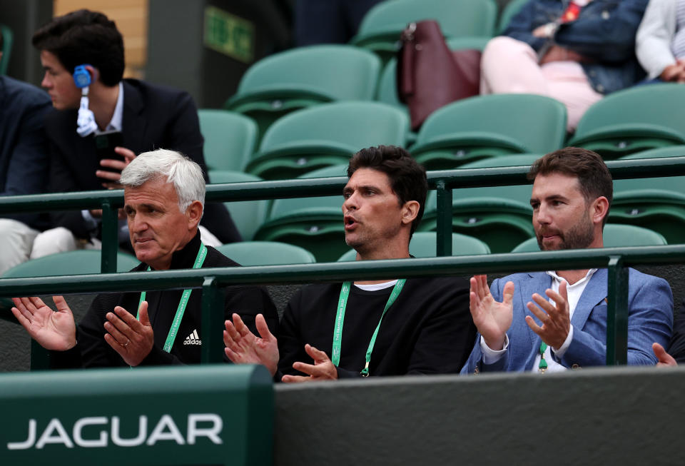 Mark Philippoussis, pictured here in the box during Stefanos Tsitsipas's first-round match at Wimbledon.