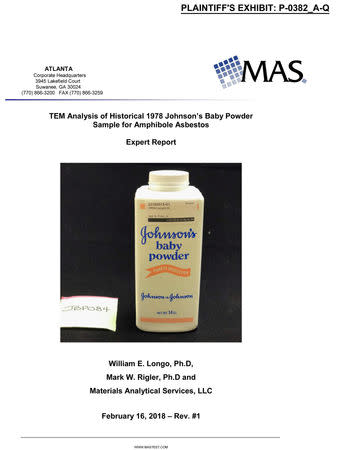 The front page of a report analyzing a sample of Johnson's Baby Powder from 1978, entered in court as a plaintiff's exhibit in a case against Johnson&Johnson, is pictured in this undated handout photo obtained by Reuters November 9, 2018. Mark Lanier/Handout via REUTERS