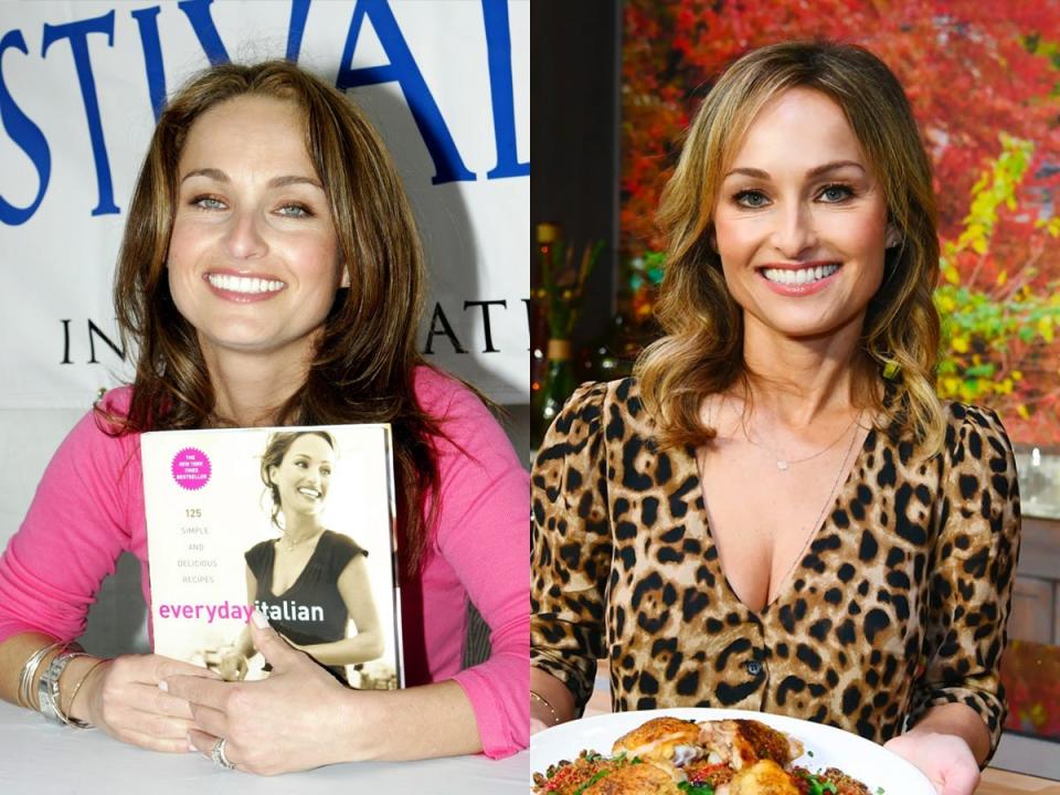 On the left, Giada De Laurentiis holding her cookbook. On the right, her holding a plate of food.