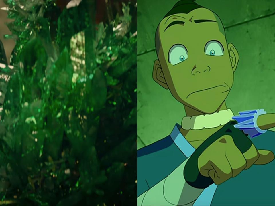 left: green crystals growing in the live action avatar the last airbender; right: sokka in the avatar cartoon looking fearfully at a blue crystal ring creeping up his finger