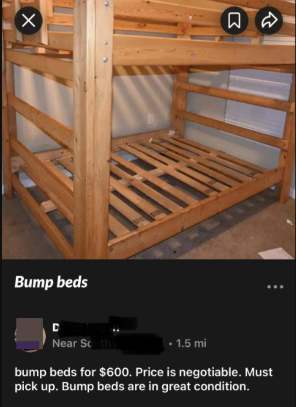 Marketplace ad reading, "Bump beds"