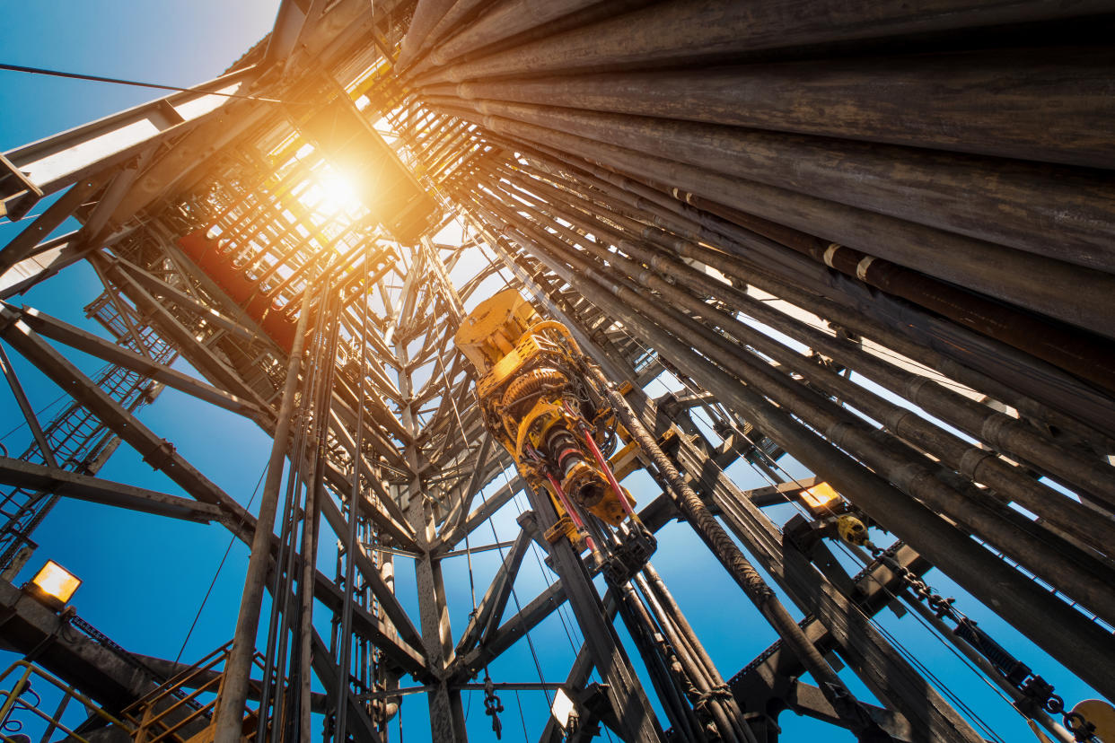 Oil drilling rig operation on the oil platform in oil and gas industry. Industrial concept.