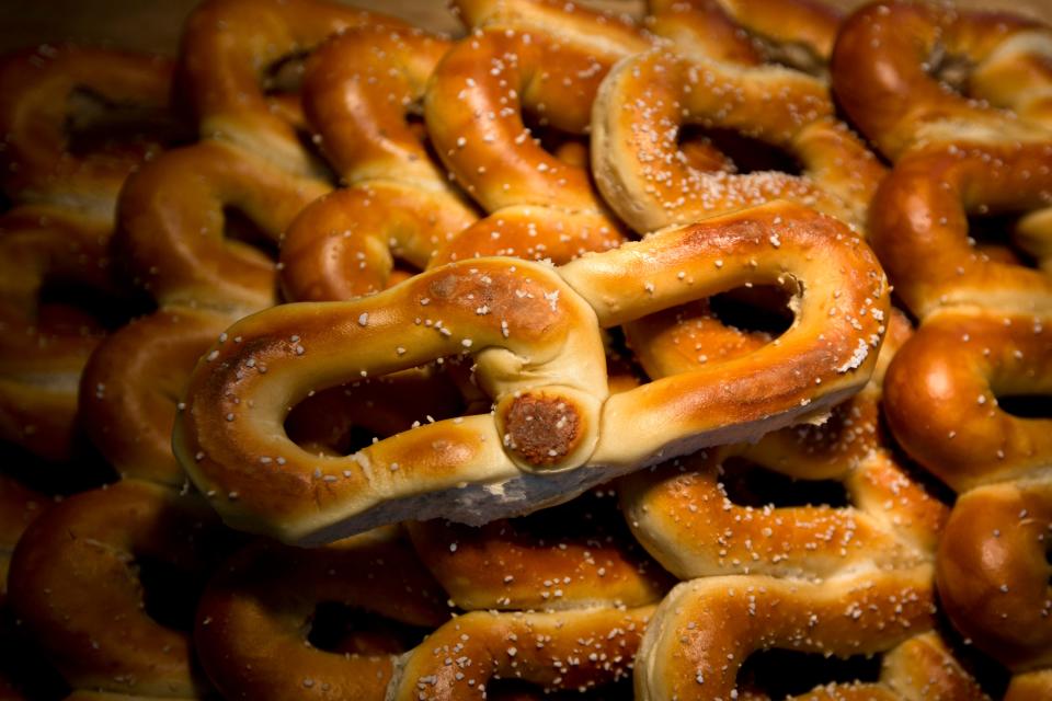 A stack of soft pretzels from Philly Pretzel Factory