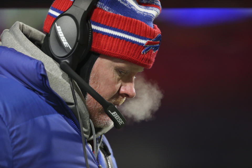 Buffalo Bills head coach Sean McDermott works the sidelines during the second half of an NFL wild-card playoff football game against the New England Patriots, Saturday, Jan. 15, 2022, in Orchard Park, N.Y. (AP Photo/Joshua Bessex)