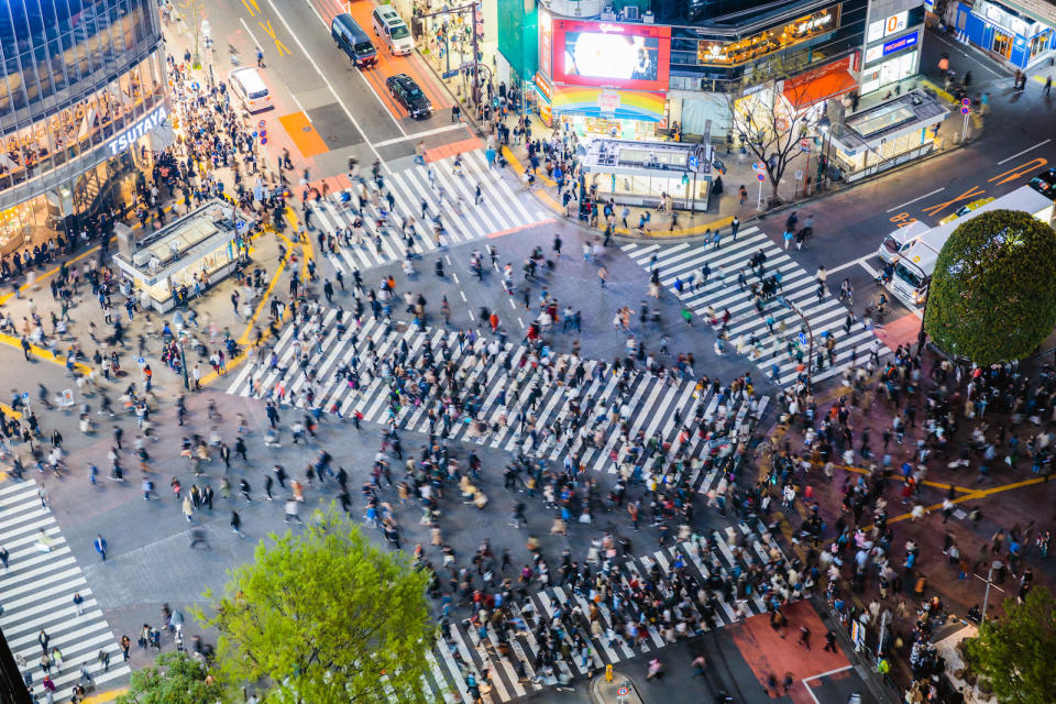 Elevated view of famous Shibuya pedestrian crossing, Tokyo, Japan